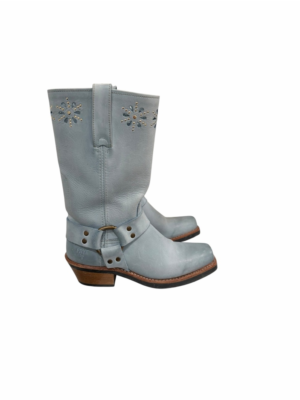 Frye Sky Blue Floral Cutout Stud Harness Boots